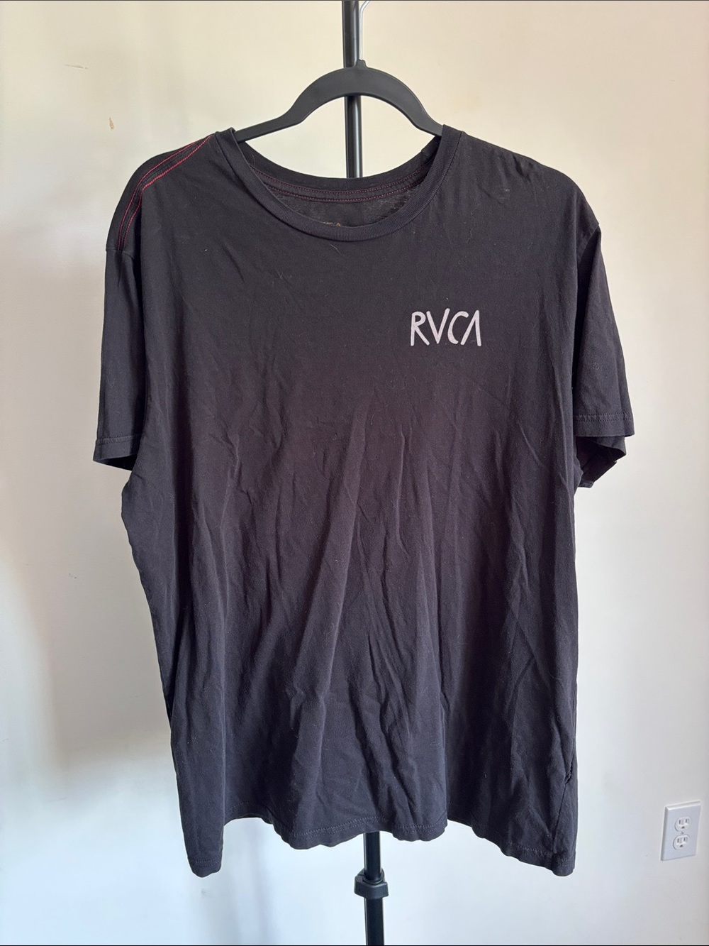 RVCA Black Tee with White Logo and Red Shoulder Stitching